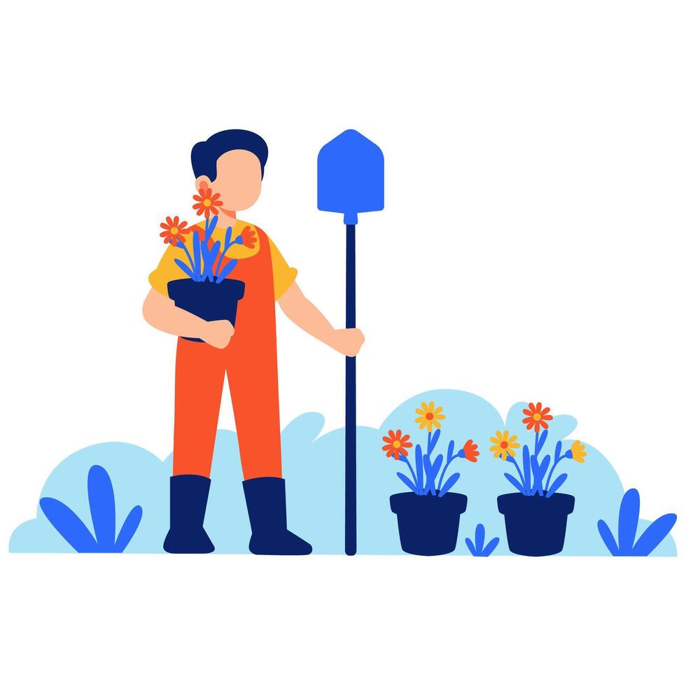 A cheerful gardener holds fresh flowers and a spade in a vibrant garden, highlighting love for nature and growth vector