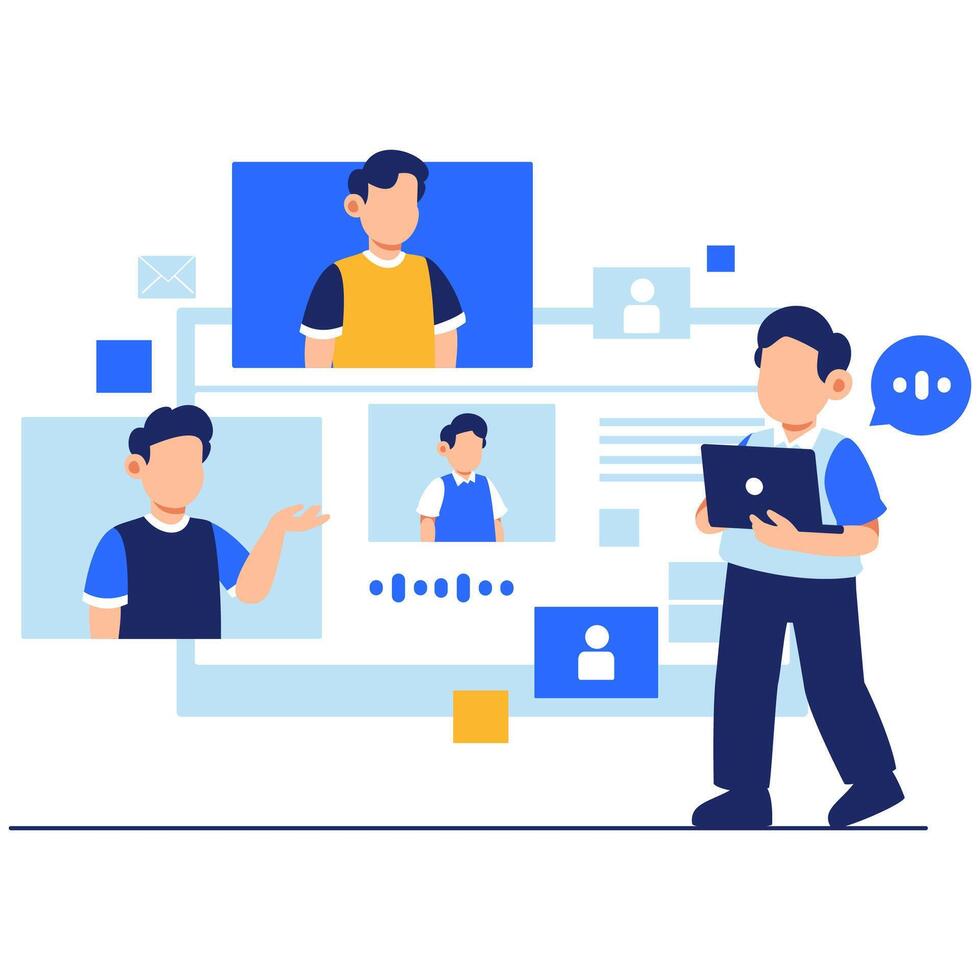 Illustration of a Person Interacting with Virtual Avatars in a Modern Digital Communication Setting vector