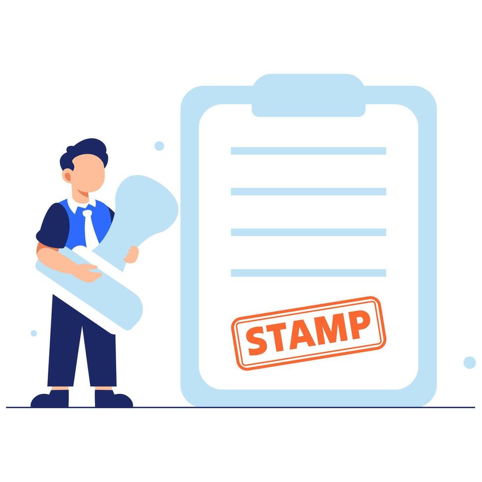 Creative businessman preparing to stamp a clipboard document, symbolizing official approval and validation process vector