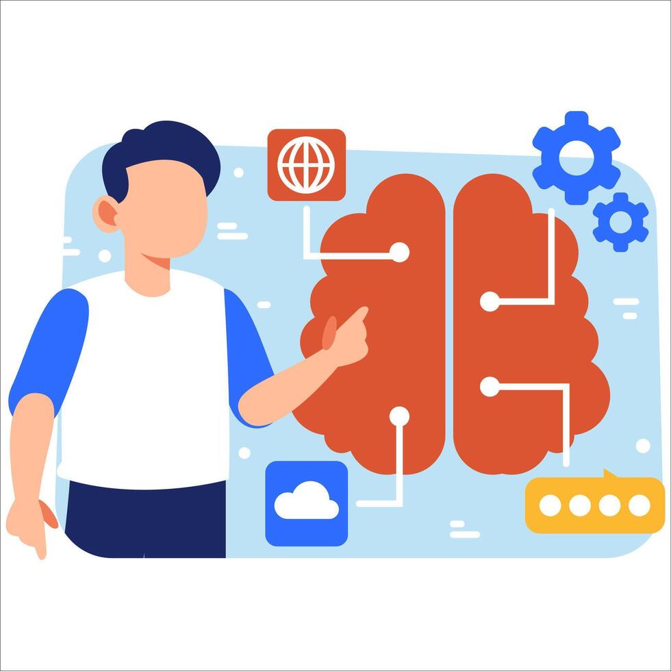 Explaining Brain Intelligence Concept with Technology Icons and Data Elements Representing Knowledge, Learning, and Cognitive Development vector
