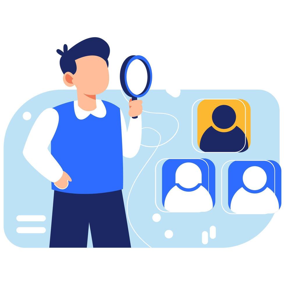 Job recruitment process identifying suitable candidate using search and evaluation tools in a professional business setting vector