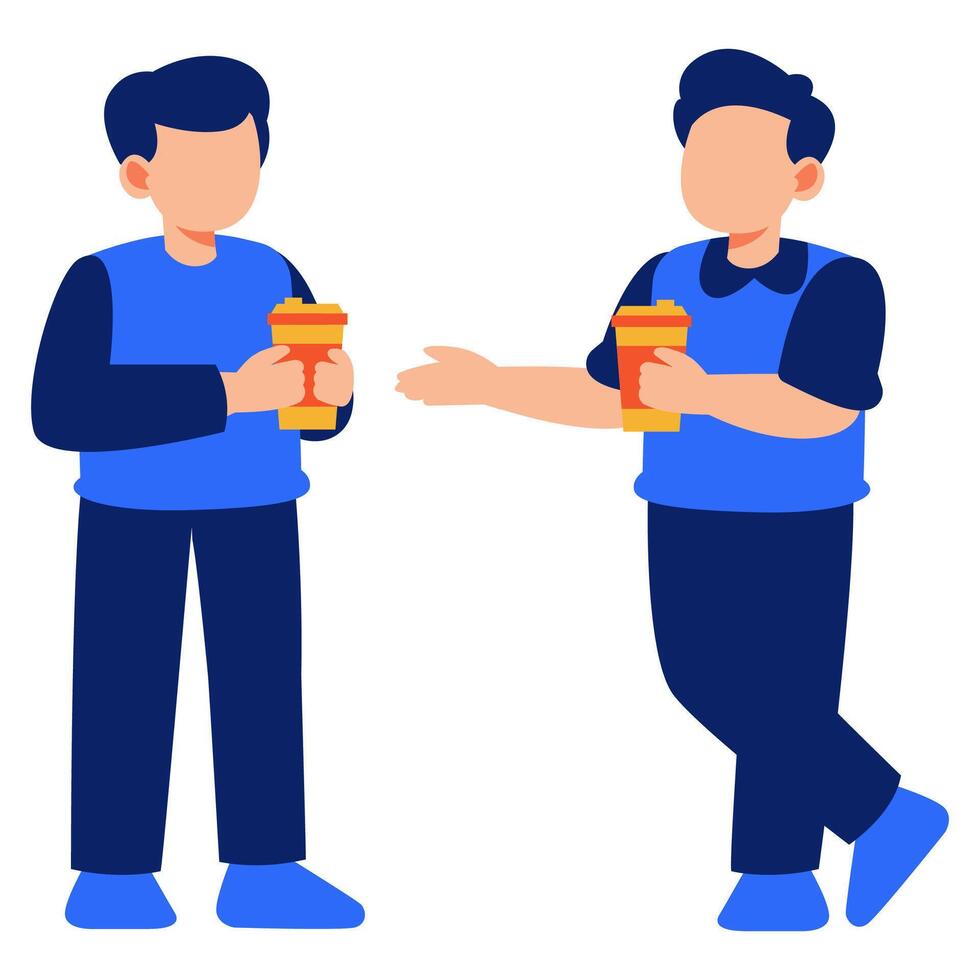 Two Friends Sharing Coffee in Stylish Blue Outfits Enjoying a Casual Moment vector