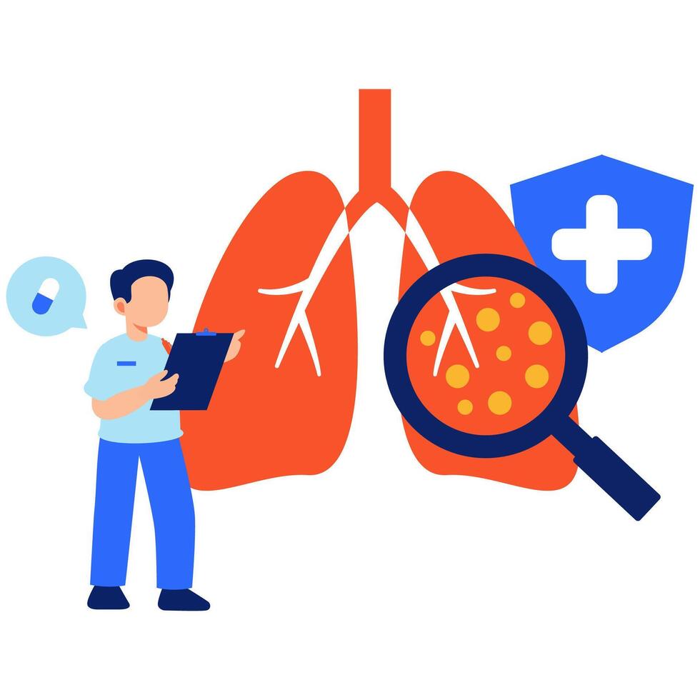 A medical professional inspects lung health using a magnifying glass, highlighting diagnostics, care, and respiratory wellness vector
