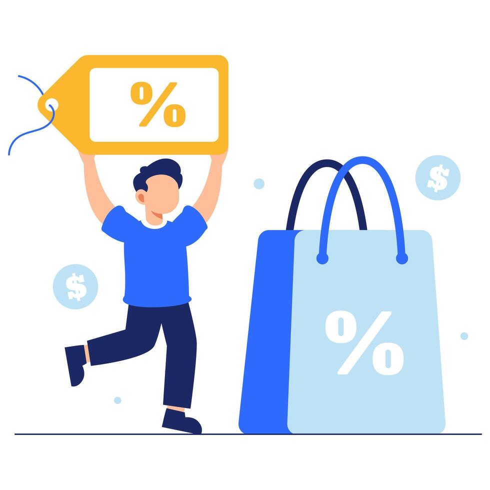 Cheerful shopper excitedly celebrating discounts while holding a price tag and shopping bags during a promotion vector