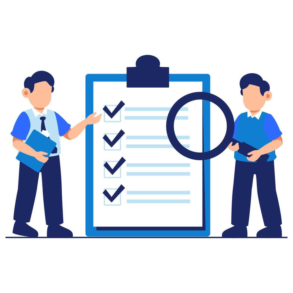 Two Young Professionals Analyzing Survey Results with Checklist and Strategic Insights vector