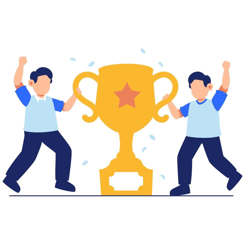 Celebrating Victory with Joyful Young Characters Holding a Golden Trophy in a Festive Moment vector