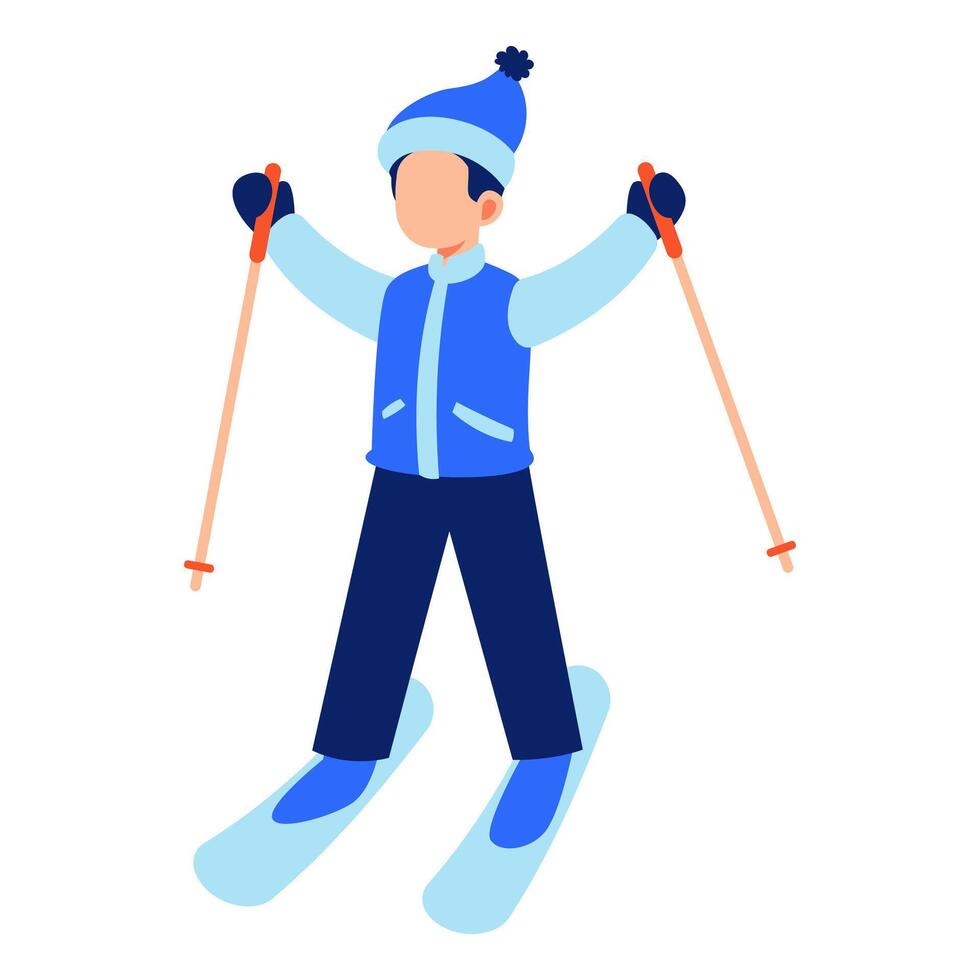 Joyful skier in blue attire enjoying winter sports on snow covered slopes with energy and cheerful outdoor spirit vector