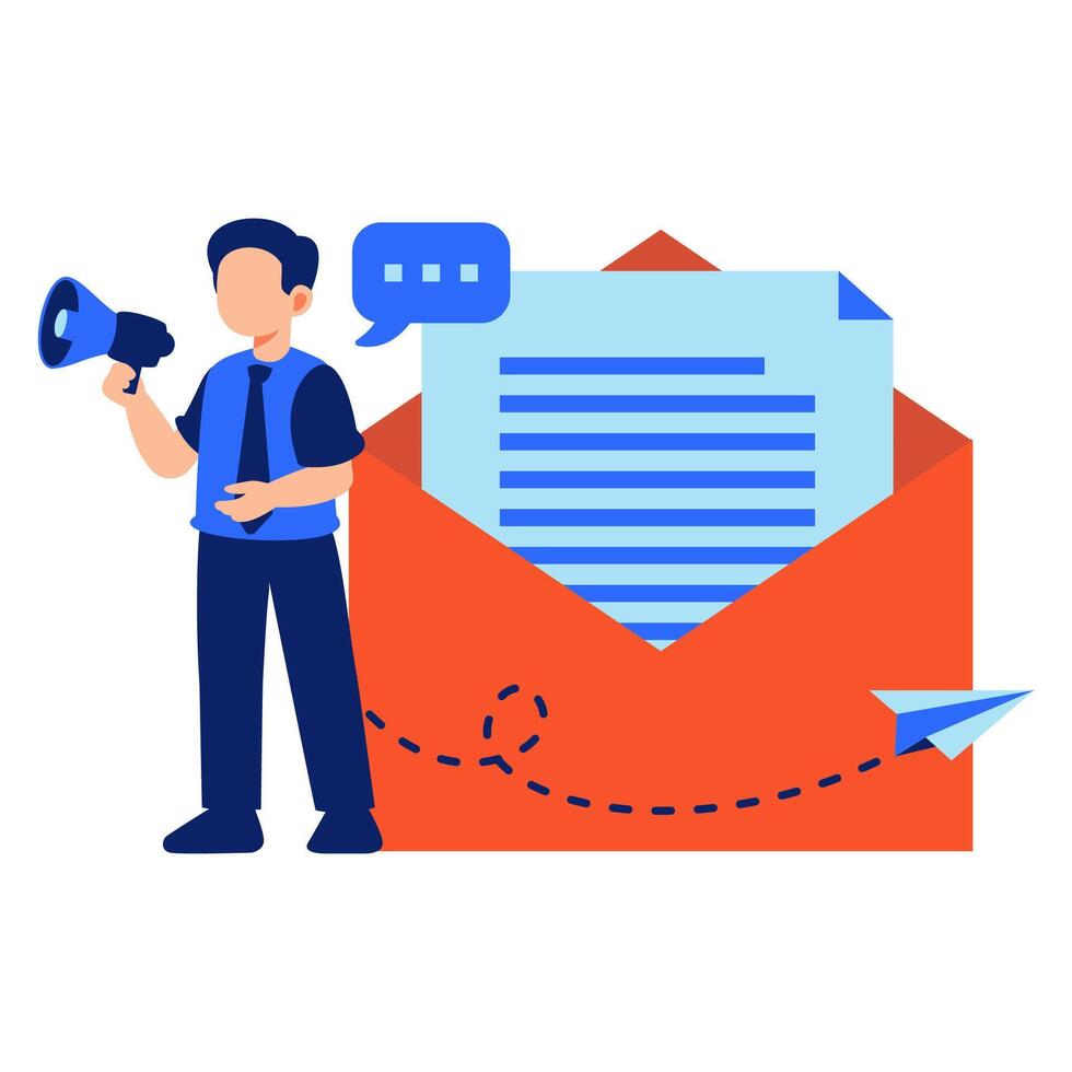 Man Announcing Newsletter Content with Megaphone and Envelope for Engagement vector