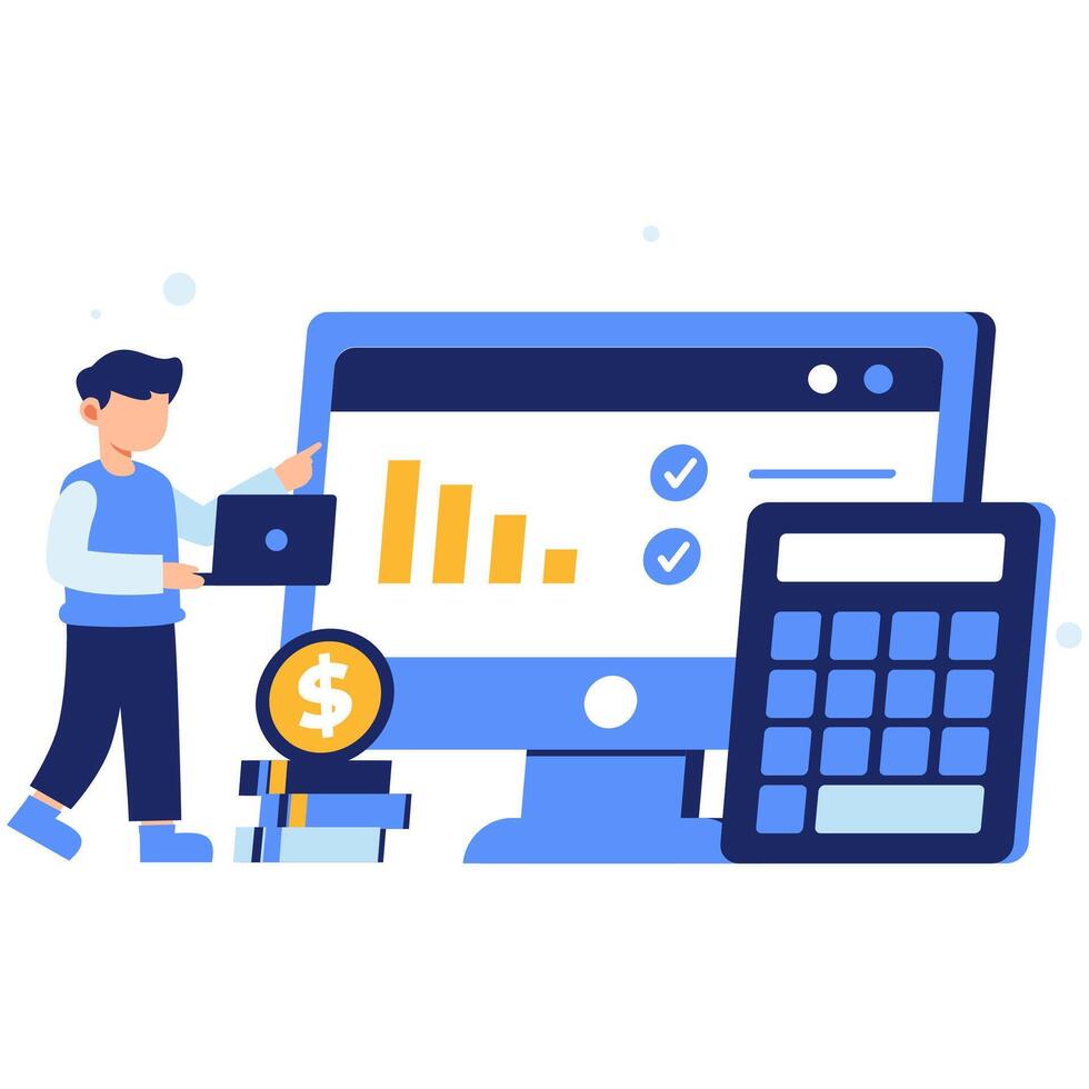 Financial Planning with Laptop Charts and Calculator in a Modern Workspace Illustration vector