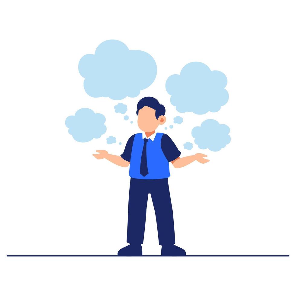 Thoughtful Businessman Surrounded by Light Blue Thought Bubbles in Conceptual Illustration vector