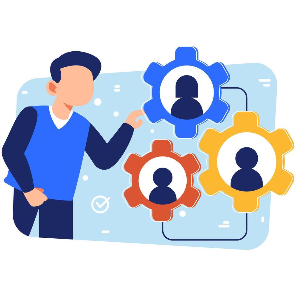 Team Organization and Collaboration Concept with Gears and Person Managing Business Structure in a Clean Modern Visual vector