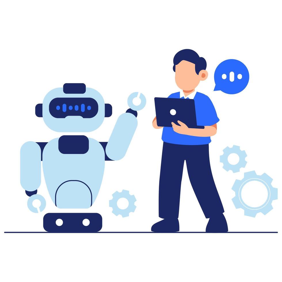 Cheerful robotic assistant helping a person with a digital task in a modern collaborative environment vector