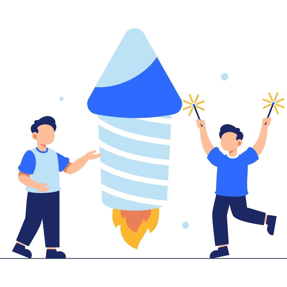 Two joyful friends prepare to launch fireworks, holding sparklers and radiating festive excitement under the night sky vector