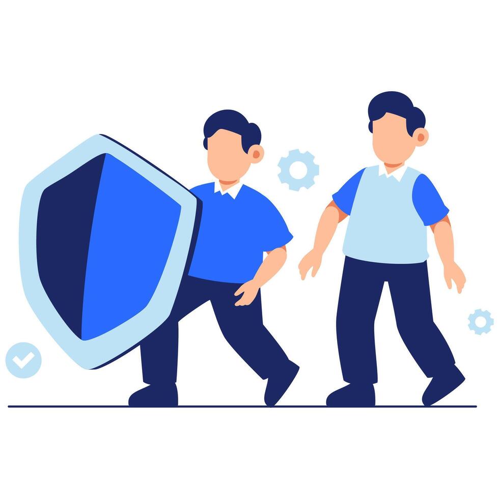 Two characters standing confidently with a shield to represent strong security, unity, and modern protective collaboration vector