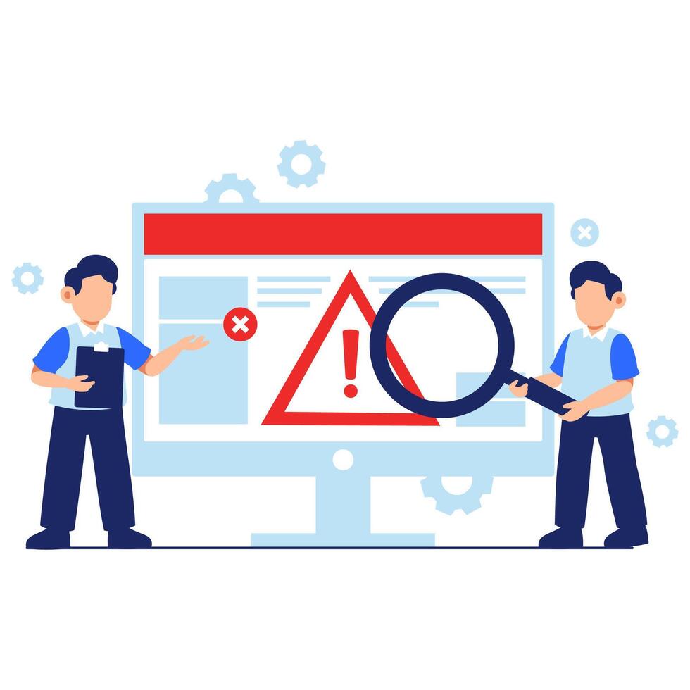 Two Professionals Analyzing a Warning Message Displayed on a Computer Screen with Gears vector