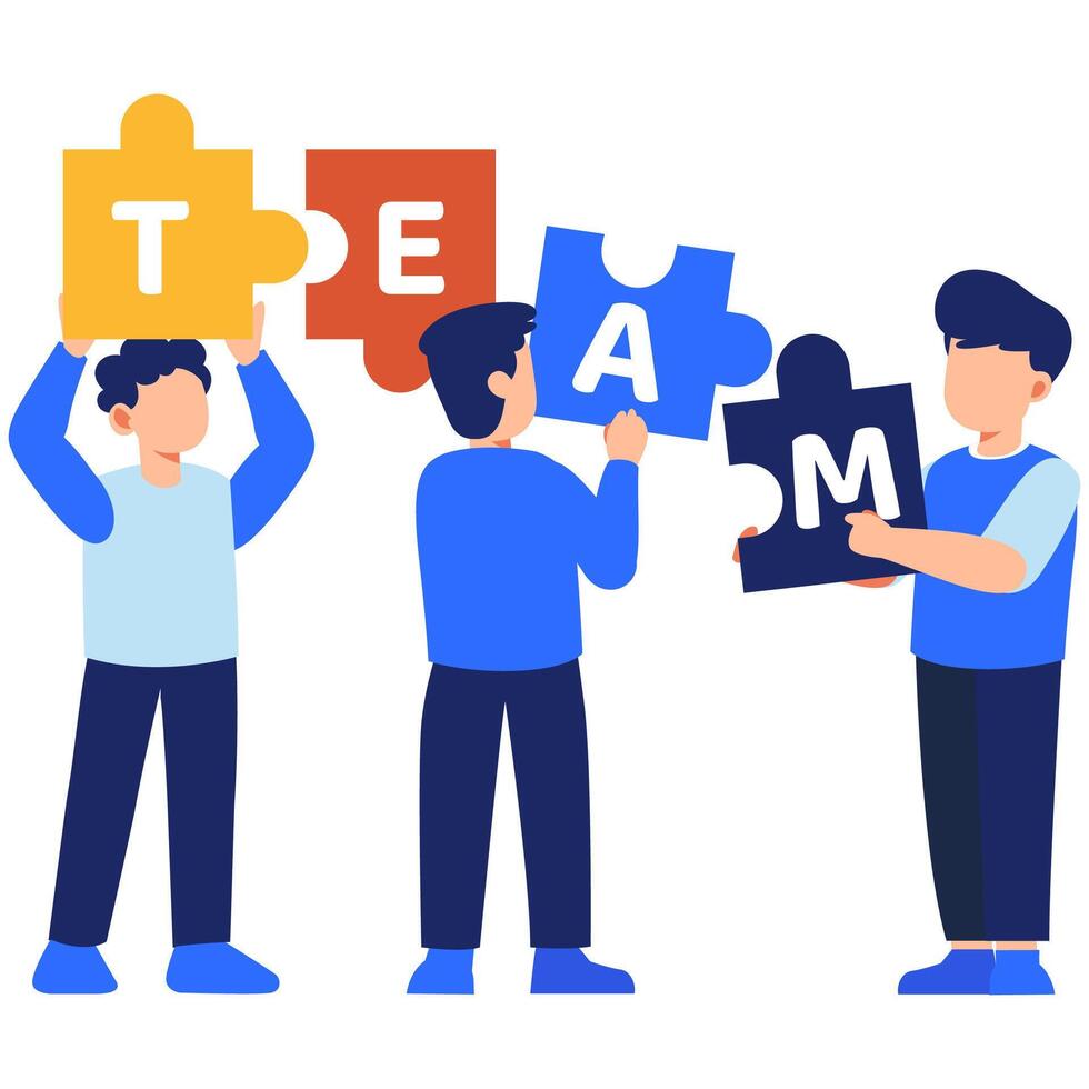 Diverse Team Members Collaborating to Assemble Puzzle Pieces That Form the Word TEAM Representing Unity and Shared Purpose vector