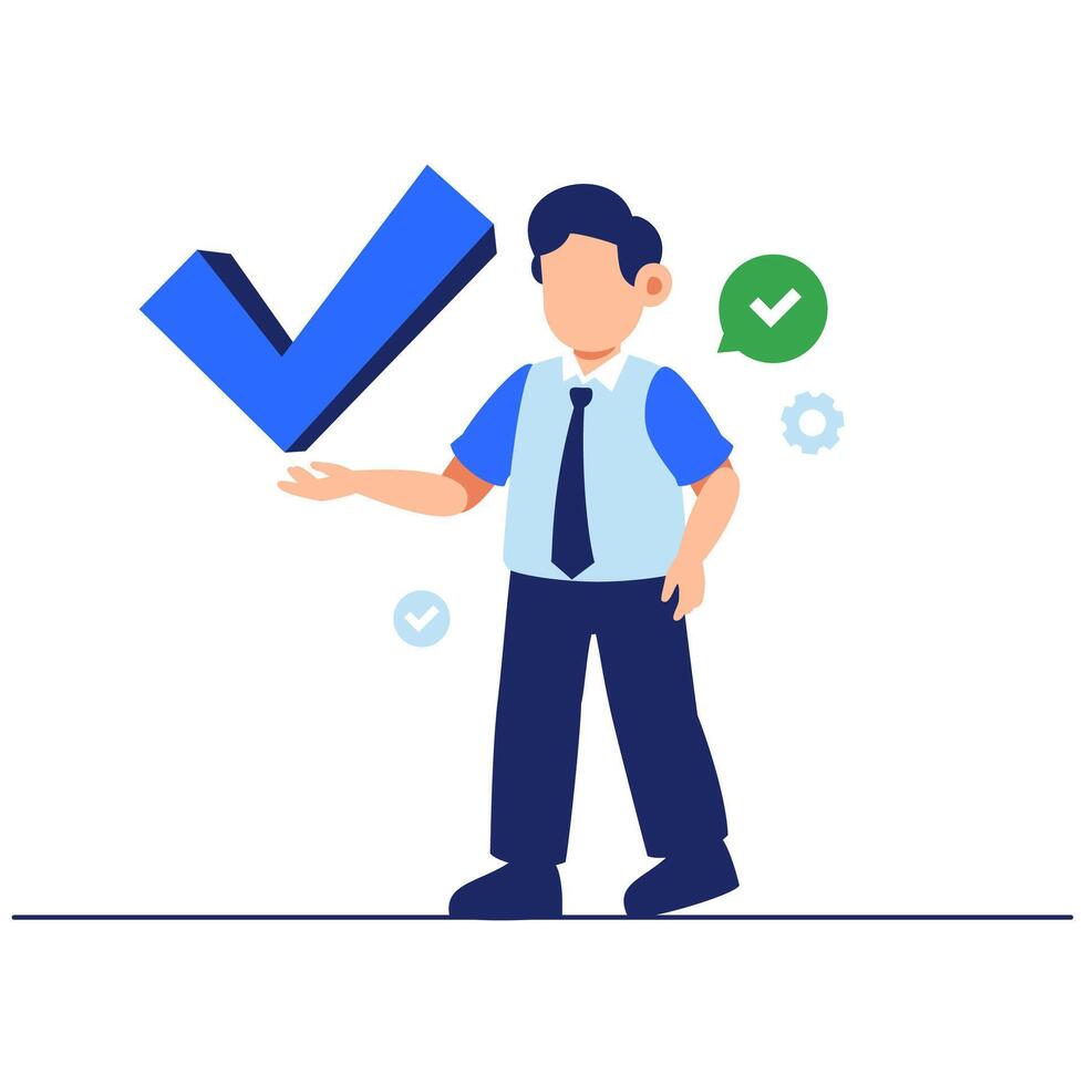 Confident Businessman Holding a Large Check Mark Symbolizing Success and Professional Approval vector