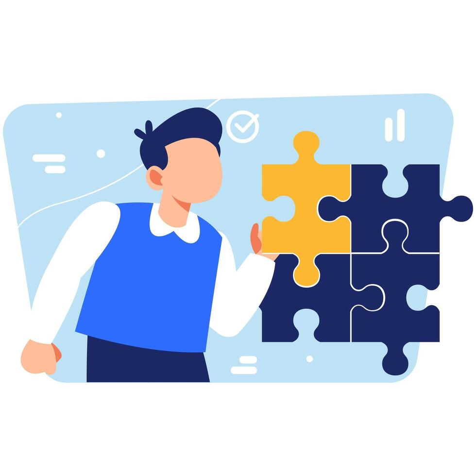 New team member collaborates in a creative workspace by solving problems using puzzle pieces to complete team goals and strategy vector