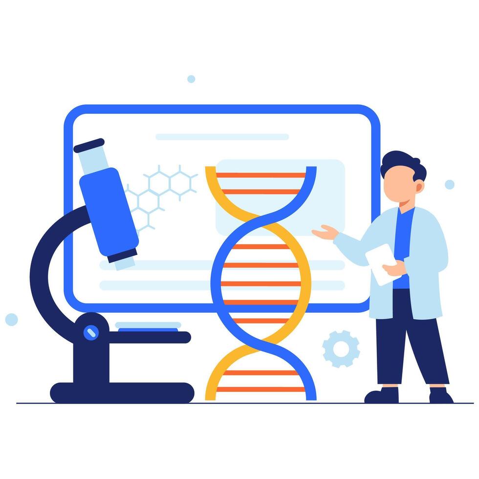 A scientist illustrates DNA structure using a microscope and digital screen in a vibrant, educational scene vector