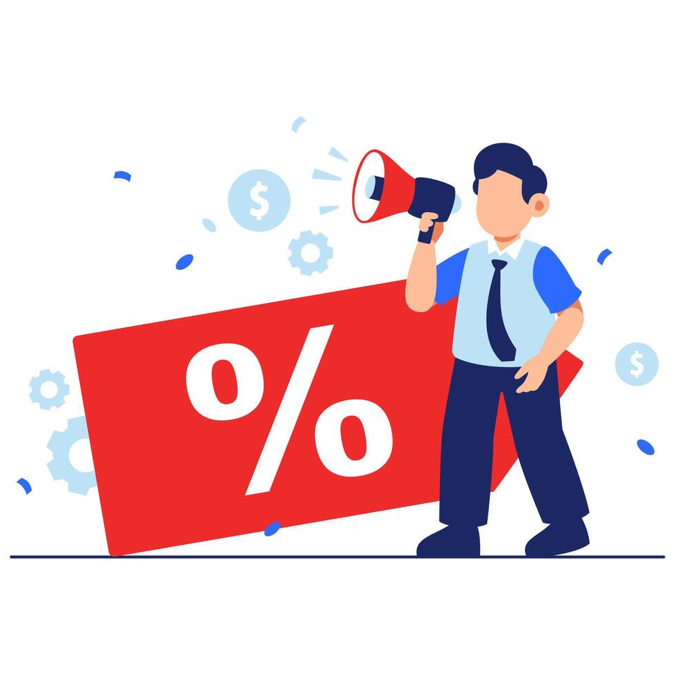 A cheerful man promotes exciting discounts using a megaphone, highlighted by a bold red sale banner vector