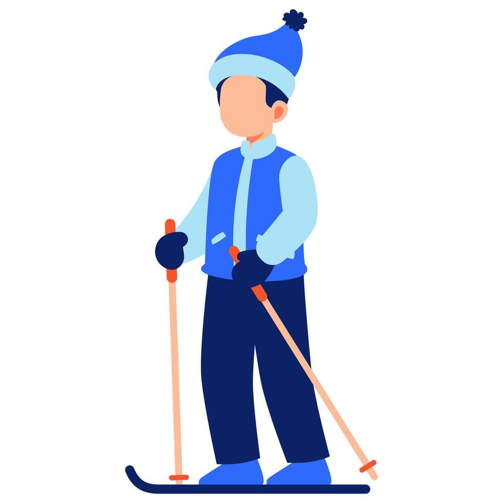 Cheerful skier in blue outfit ready for adventure with ski poles in a bright snowy winter wonderland setting vector