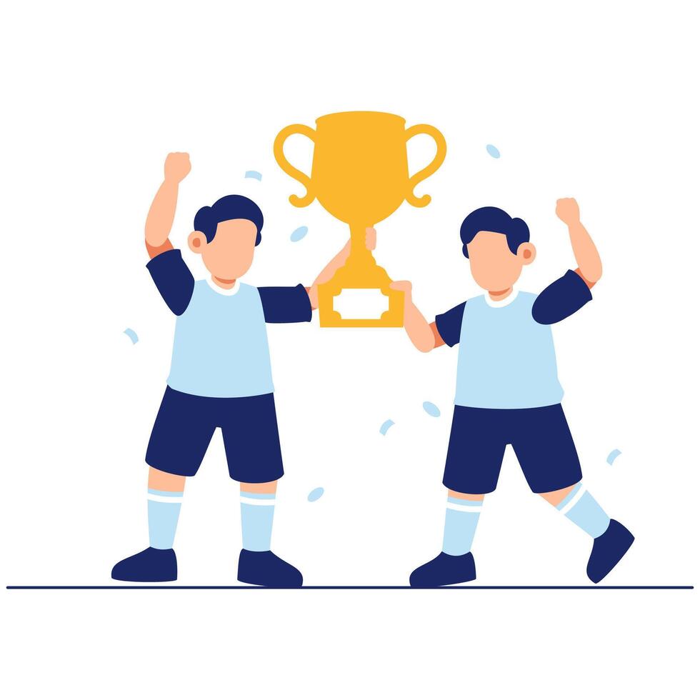 Two Young Soccer Players Celebrating a Joyful Victory with a Trophy in a Festive Moment vector