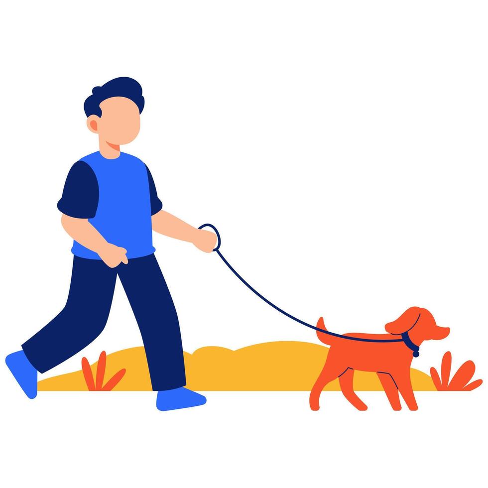 Happy dog walker strolling through a sunny park enjoying fresh air and nature on a vibrant day vector