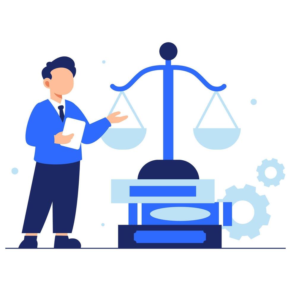 Professional lawyer presenting justice and legal balance using scales and law-related instruments vector
