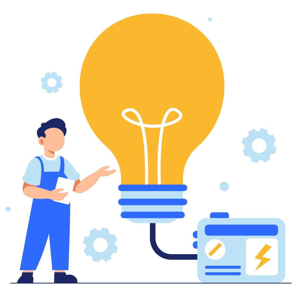 An electrician demonstrates energy principles using a glowing bulb and generator in a colorful workshop setting vector