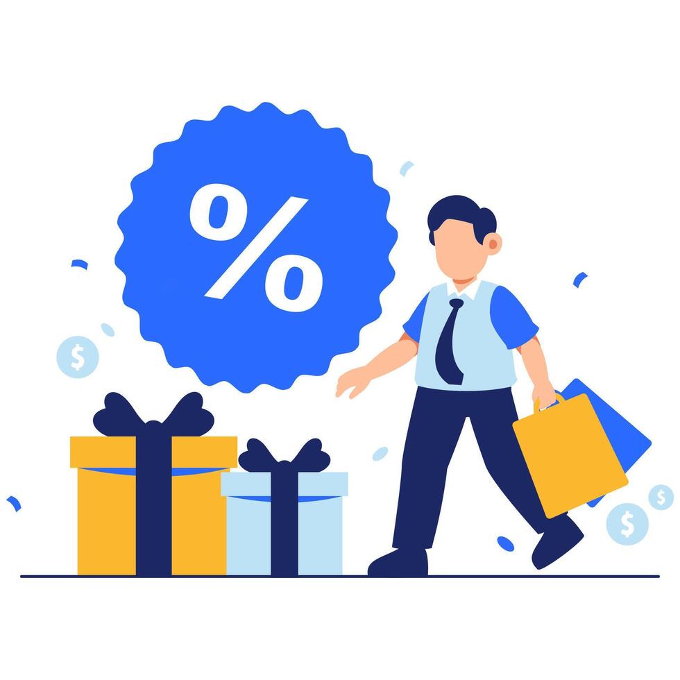 A cheerful businessman walks with gift boxes and a shopping bag, celebrating big discounts and savings with joy vector