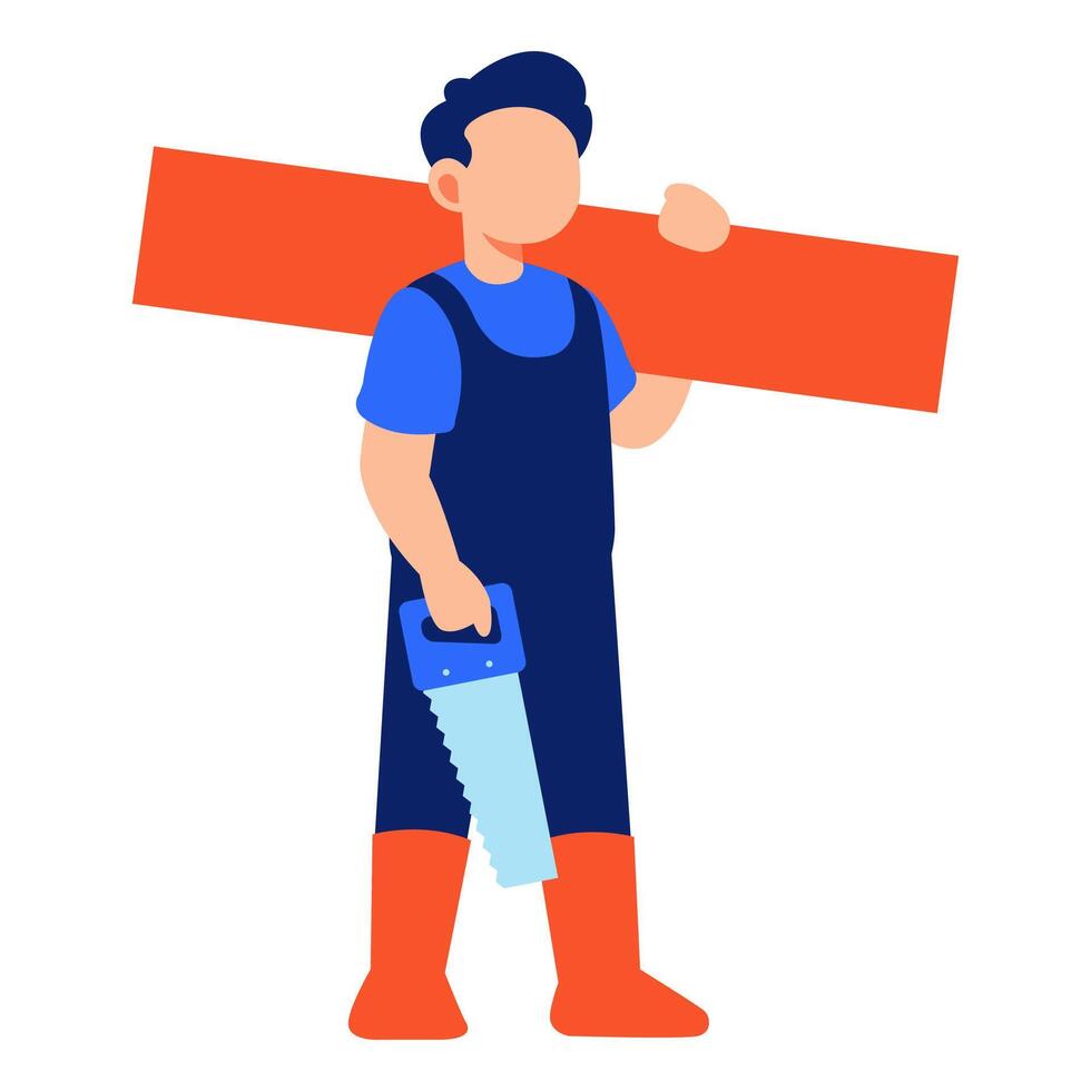 Craftsman holding wood plank and saw in a bright outfit ready for woodworking tasks and construction work with confidence vector