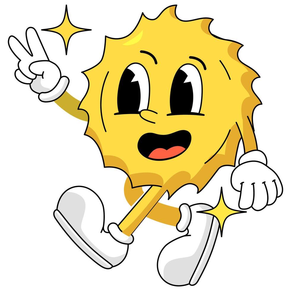 Cheerful Cartoon Sun Character Making a Peace Sign Surrounded by Sparkles and Positive Vibes vector