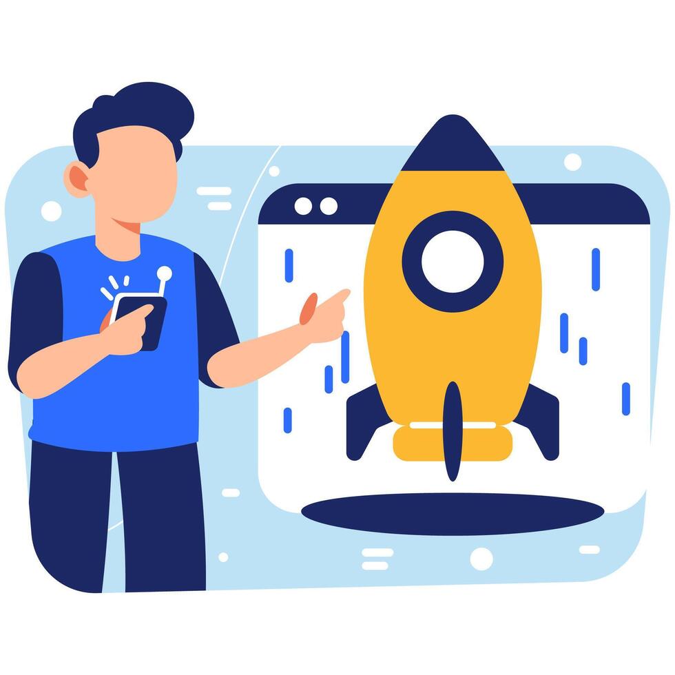 Launching a New Digital Project Rocket and Smartphone Illustration Representing Innovation, Strategy, and Growth vector