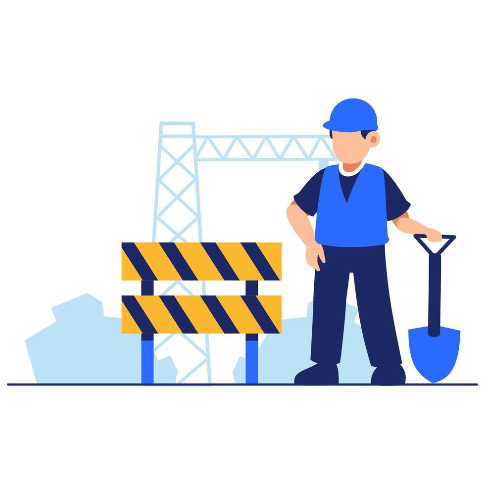 Construction Worker Holding Shovel Beside Safety Barrier at Active Building Site vector