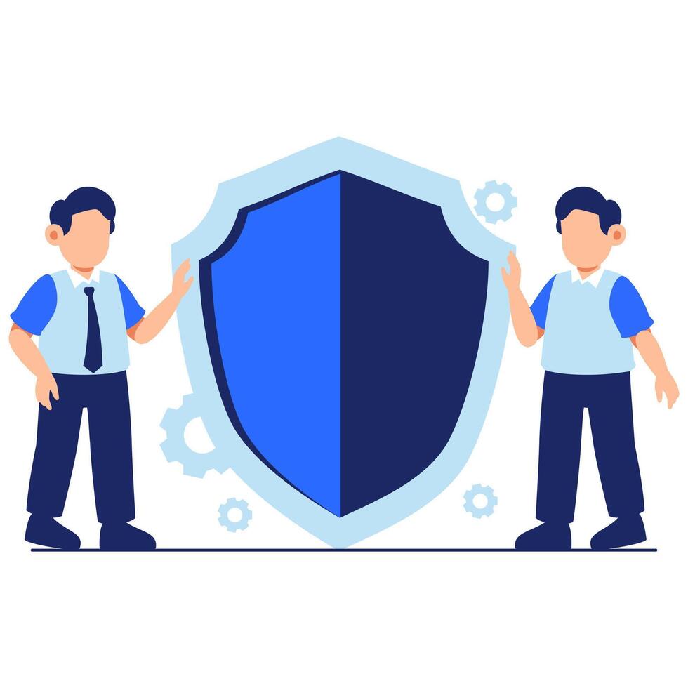 Two professionals presenting a large blue shield as a symbol of strong business security and protection in modern context vector