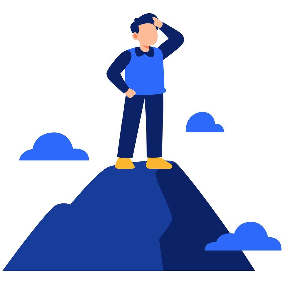 Adventurous explorer reaching a mountain summit while enjoying the vast scenic view under clear sky vector
