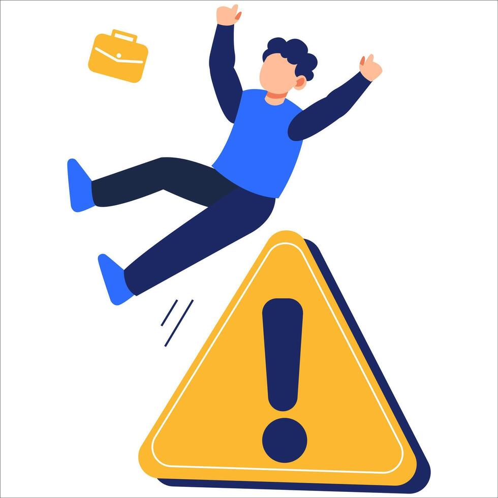 Cartoon Illustration of a Person Slipping Near a Caution Sign Highlighting Safety Awareness, Risk Prevention, and Workplace Accident Caution in a Modern Visual Style vector