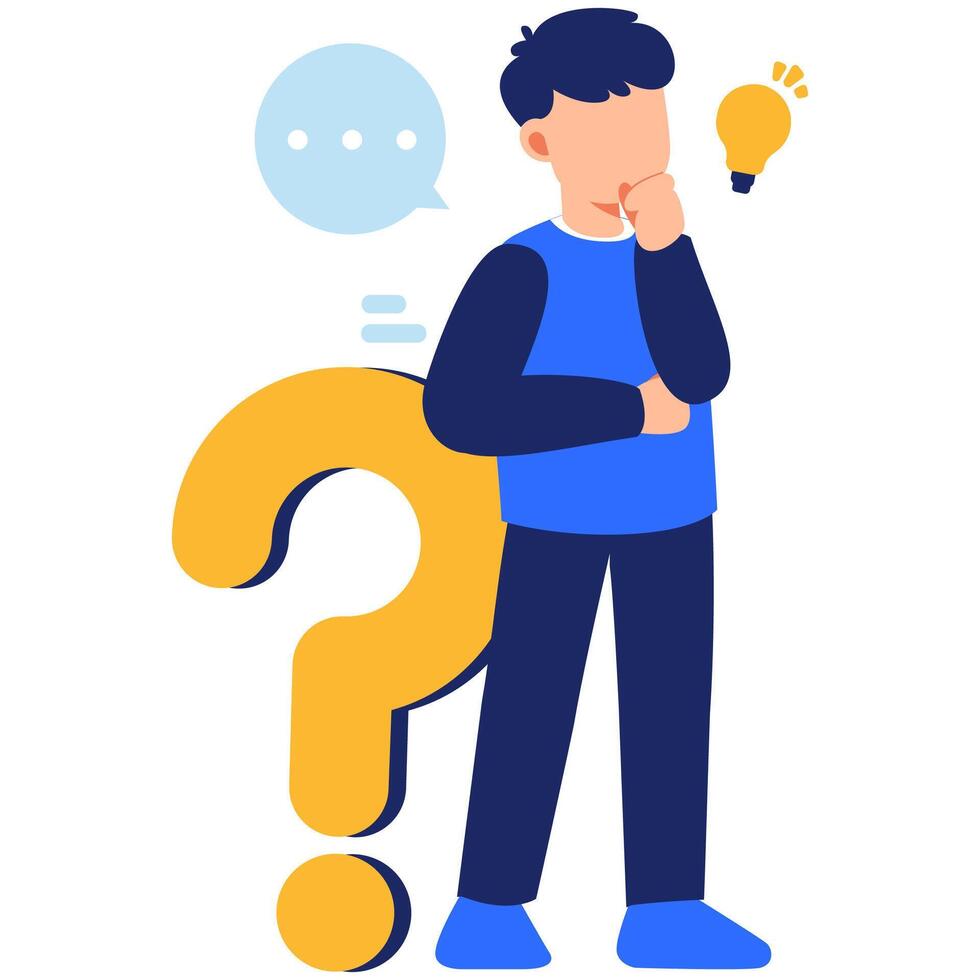 Thoughtful person exploring questions and creative ideas with a lightbulb symbol representing insight problem solving and reflection vector