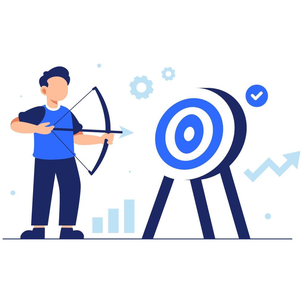Focused Archer Aiming at a Target with Growth and Achievement Symbols in a Clean Modern Illustration vector