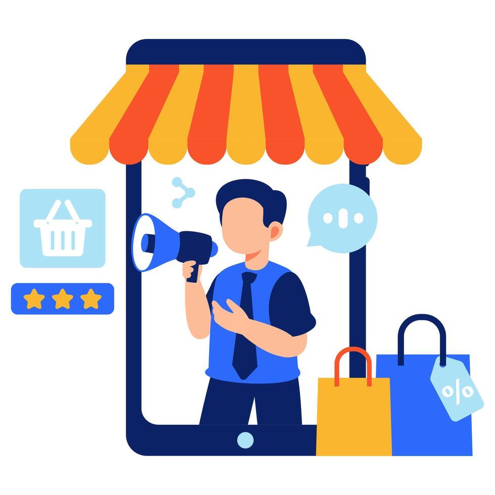 A vibrant illustration featuring digital marketing in e-commerce, with a salesperson promoting products via smartphone vector