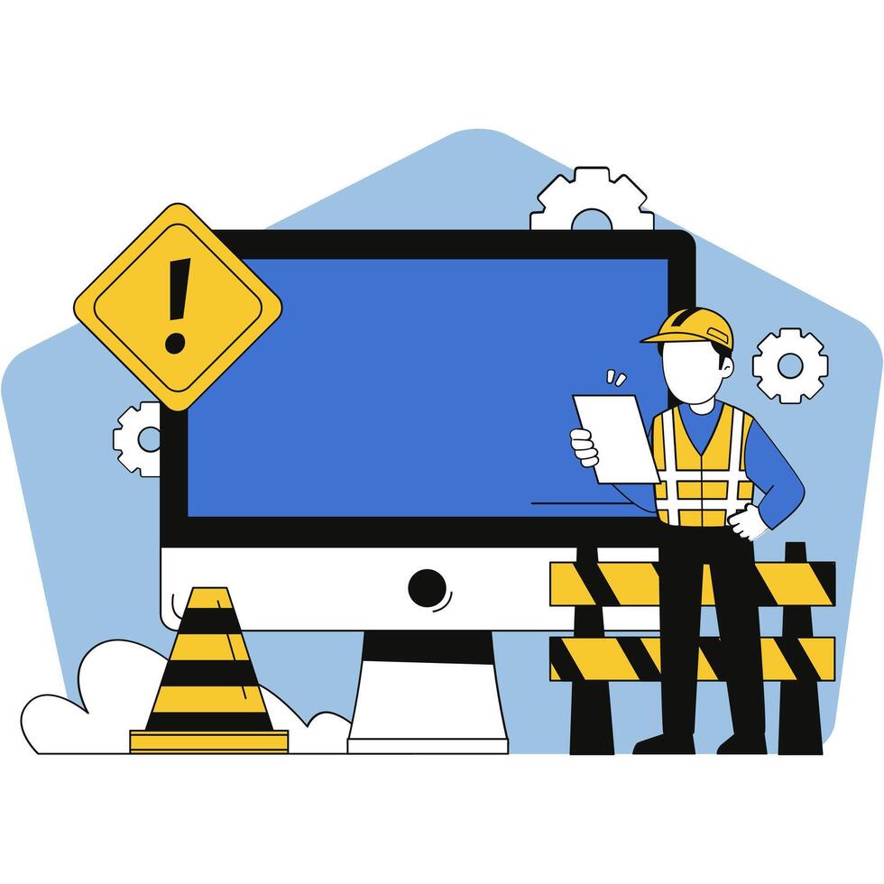Under Construction Digital Construction Zone with Worker and Warning Sign vector