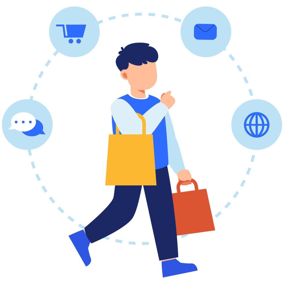 Seamless Omnichannel Marketing Journey with a Shopper Holding Bags vector