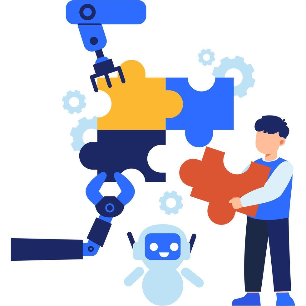 Human and Robot Collaborating on Automation Process with Puzzle Integration Concept in a Modern Digital Environment vector