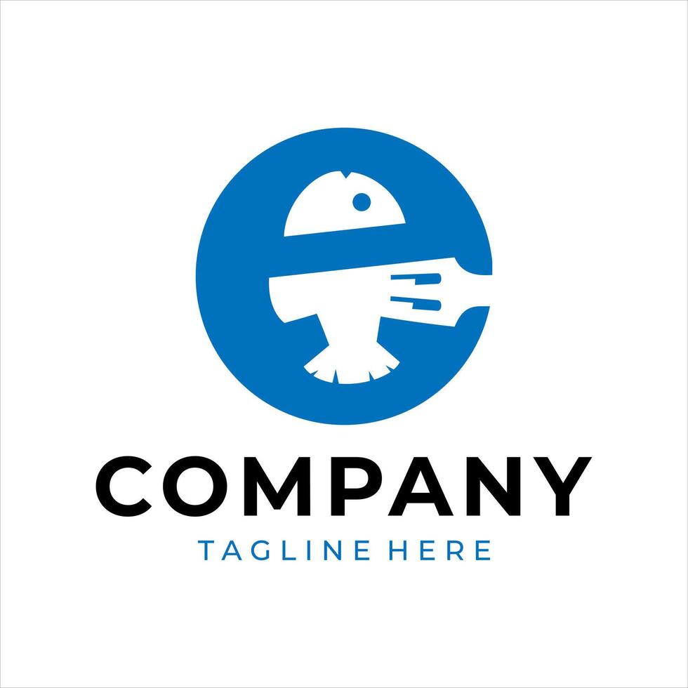 Food logo design that combines the letter e with a fish and fork, using the color blue. vector