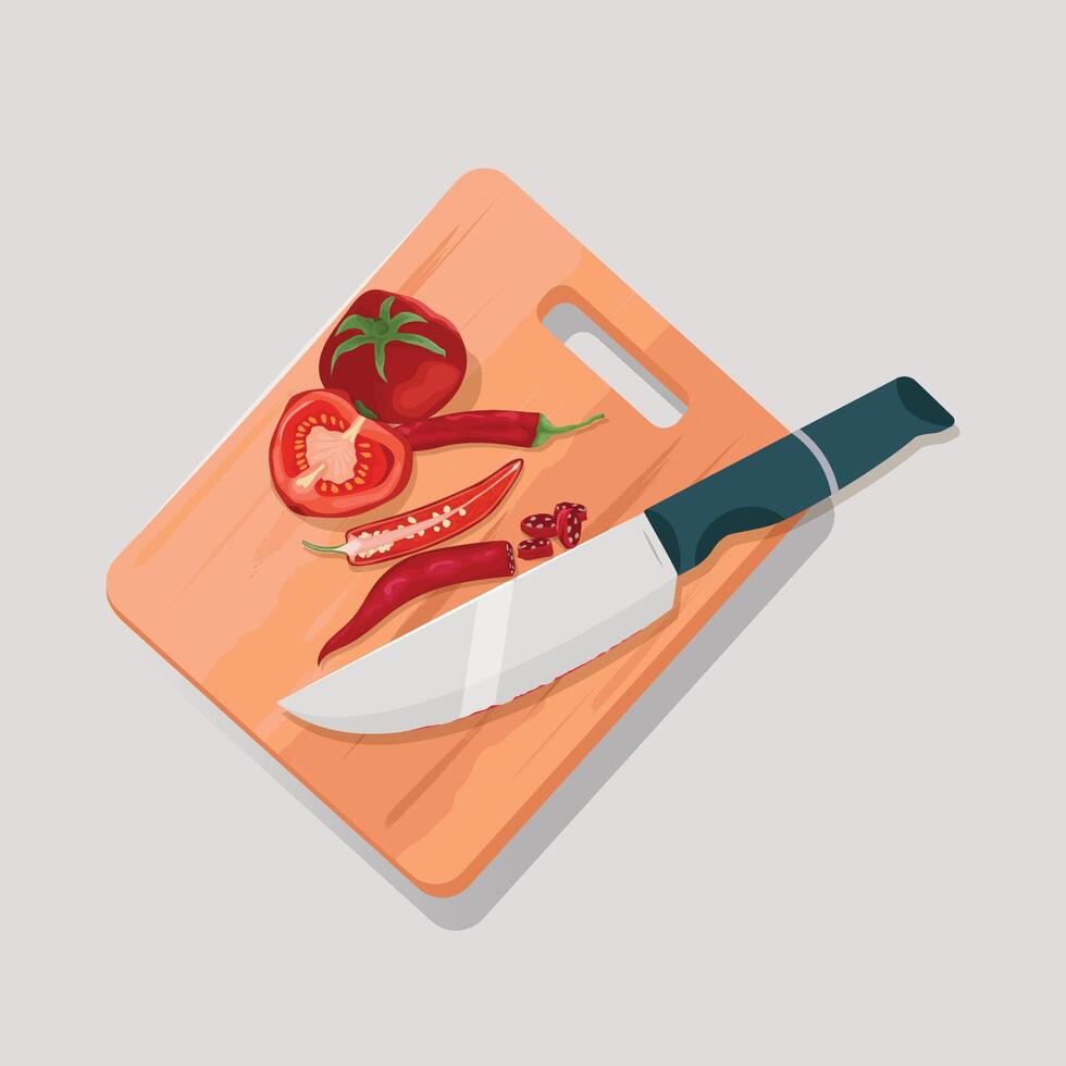 Wooden chopping board and knife with sliced red chili and tomatoes stock design vector