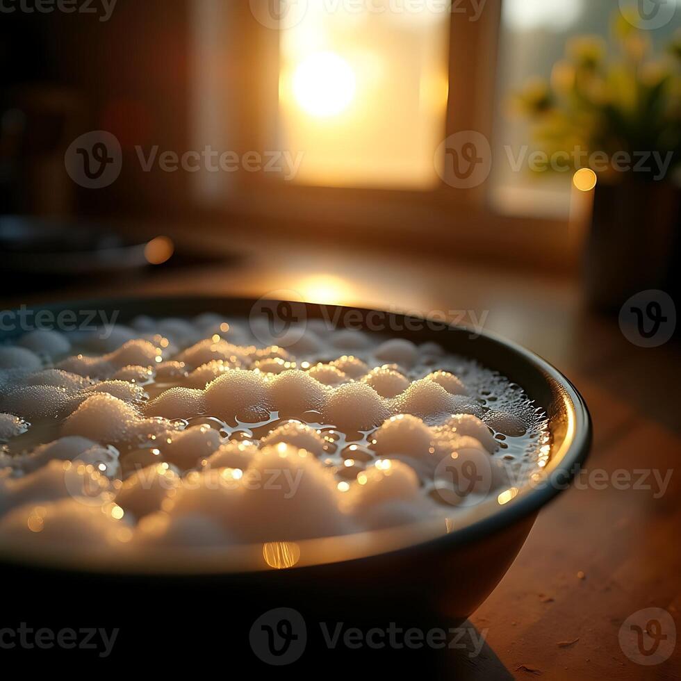 Soapy Water in Bowl Reflecting Sunlight Near Window photo
