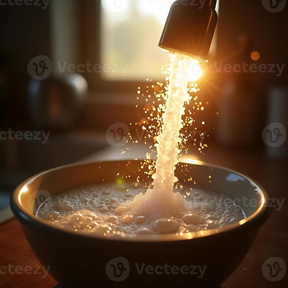 Pouring Granules into Bowl Creating Sparkles with Warm Sunlight photo