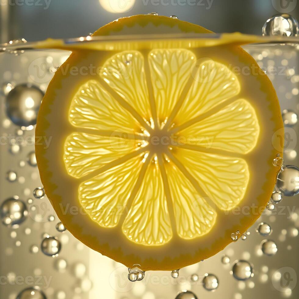Lemon Slice Floating in Water with Bubbles Refreshing Close-Up photo