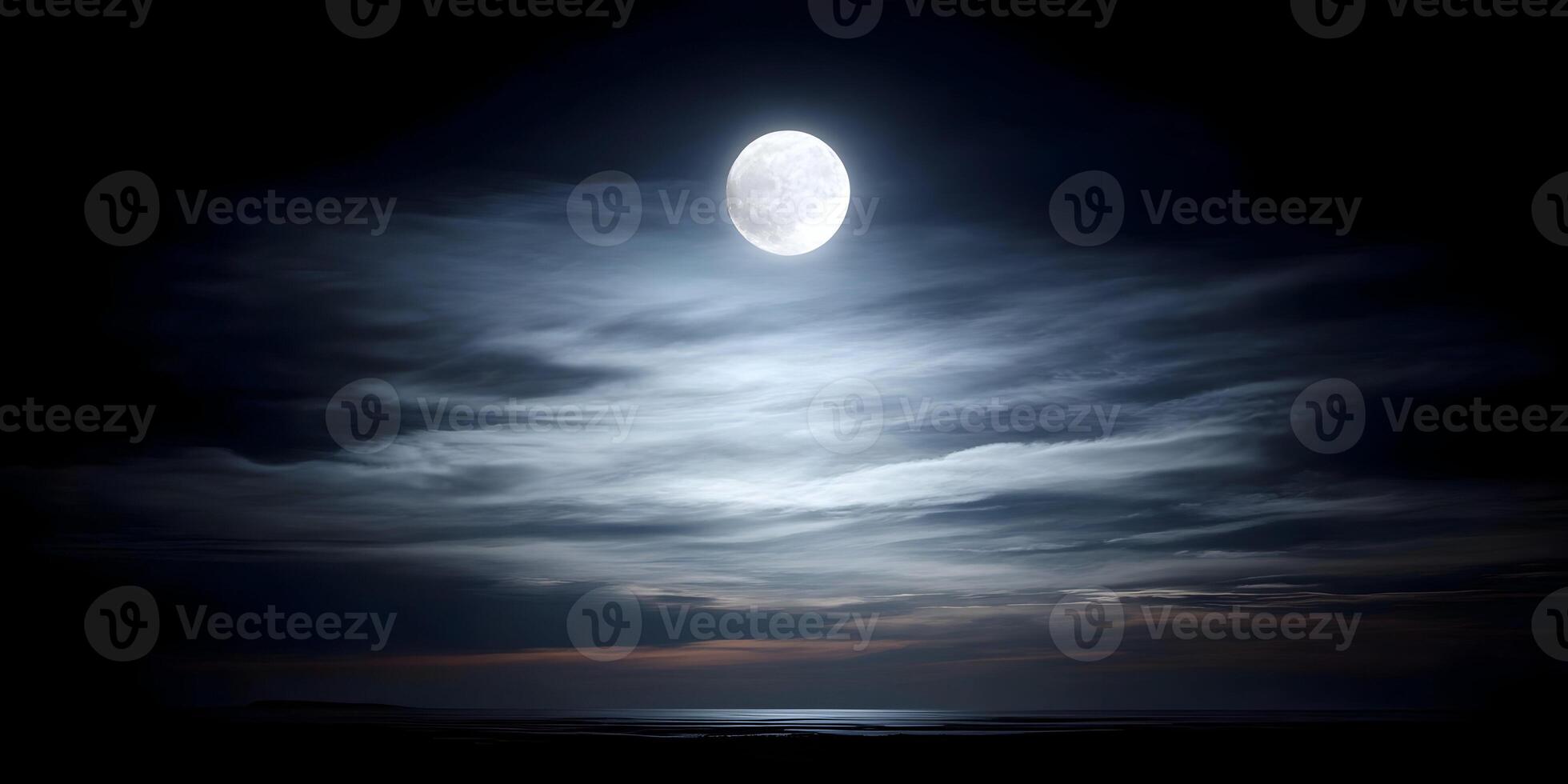 Bright Full Moon over Dark Ocean Night Sky Cloudscape photo