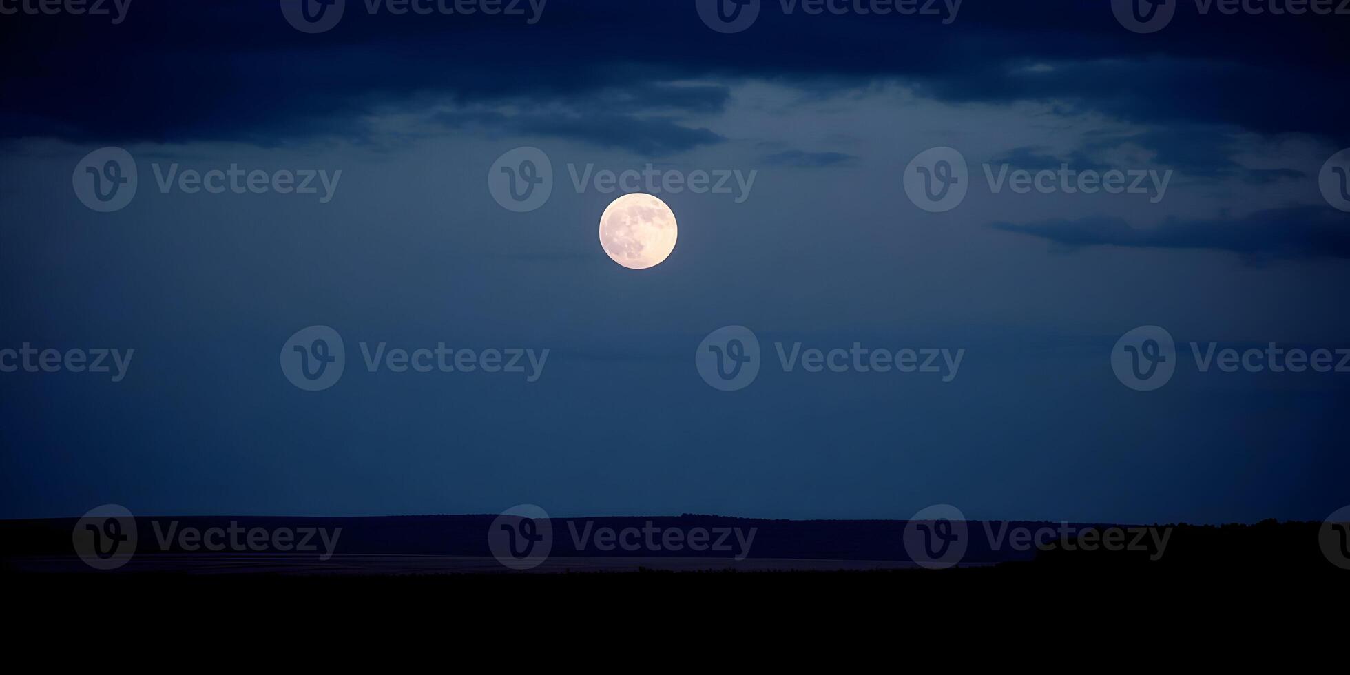 Bright Full Moon over Dark Landscape Night Sky Scene photo